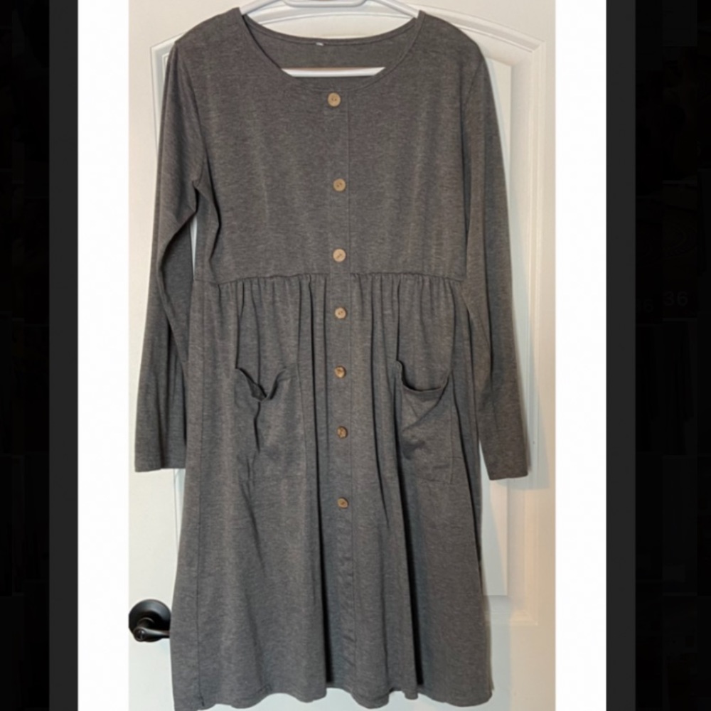 Long Sleeve Grey Dress w/ Button detailing